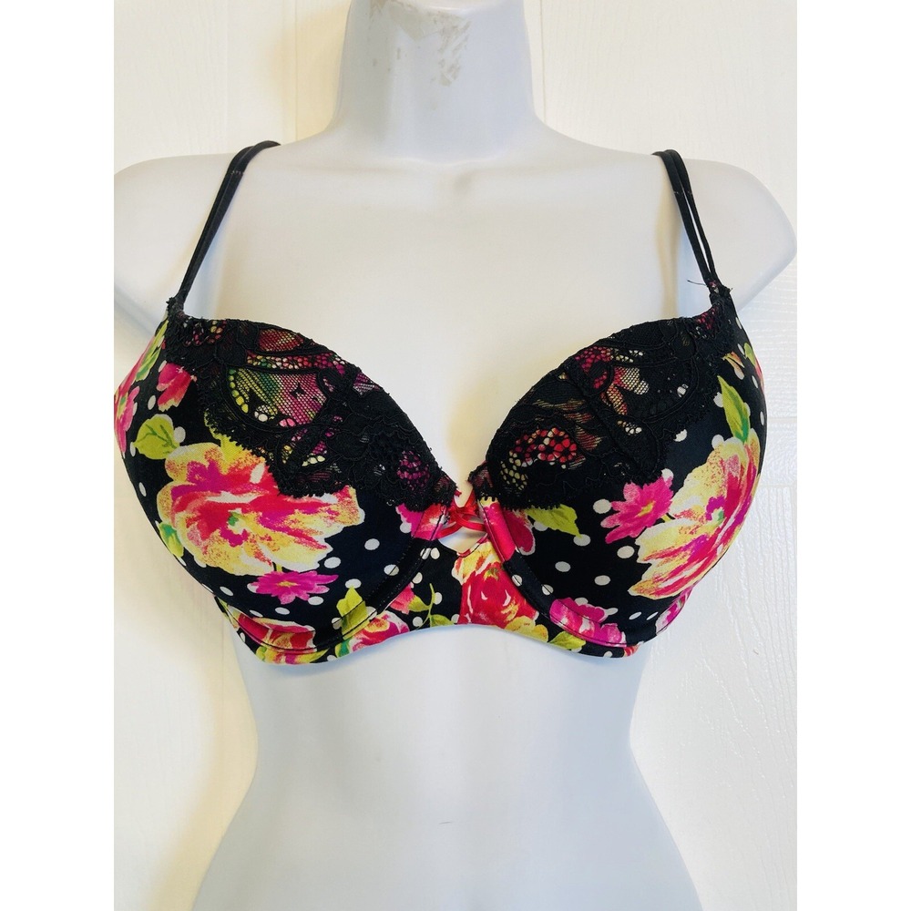 Victoria's Secret Balconette Bra Women 34D Black Floral Polka Dot Lace Trim